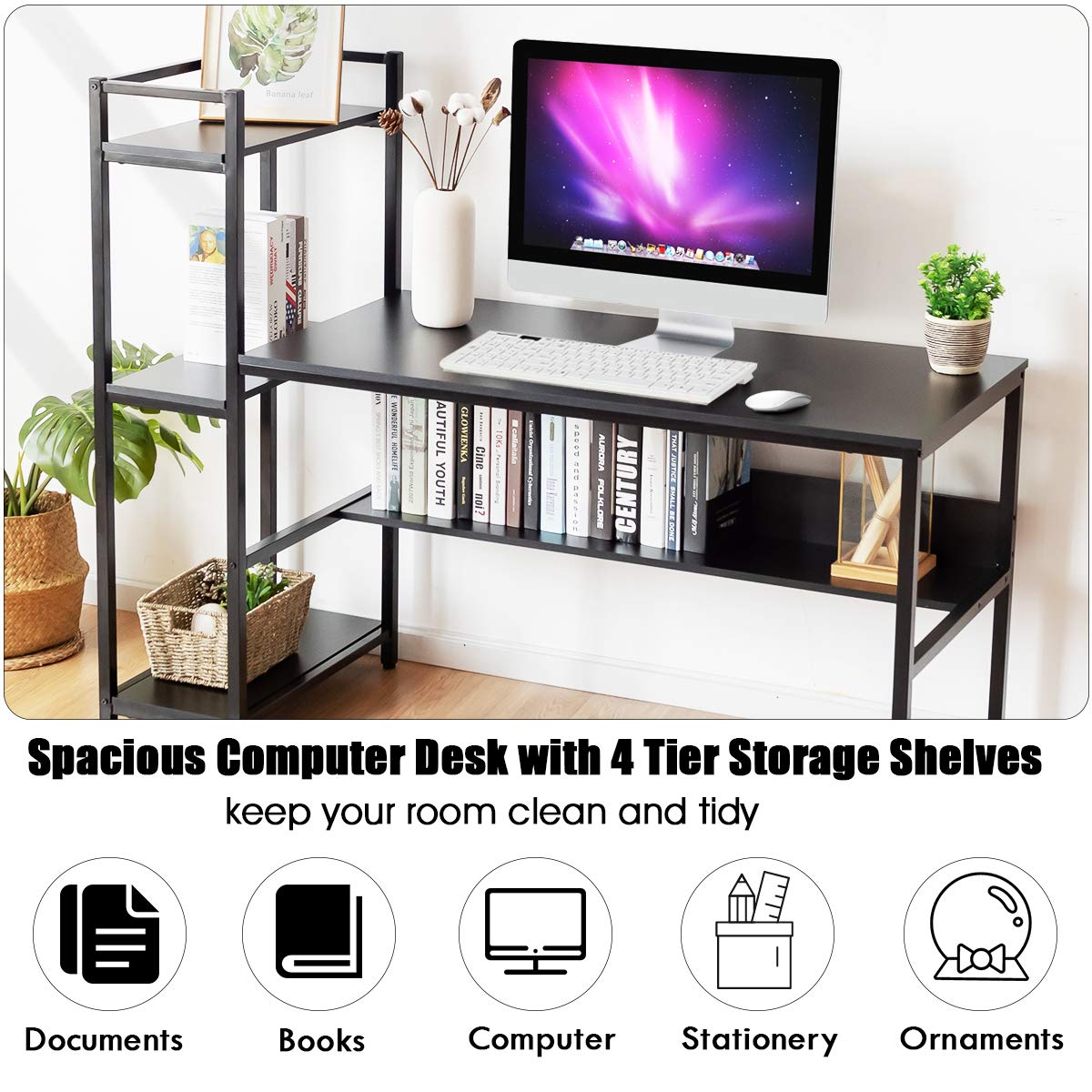 Computer Desk, 2-in-1 Workstation PC Laptop Table with Storage Bookshelf, 150 x 60 x 120cm