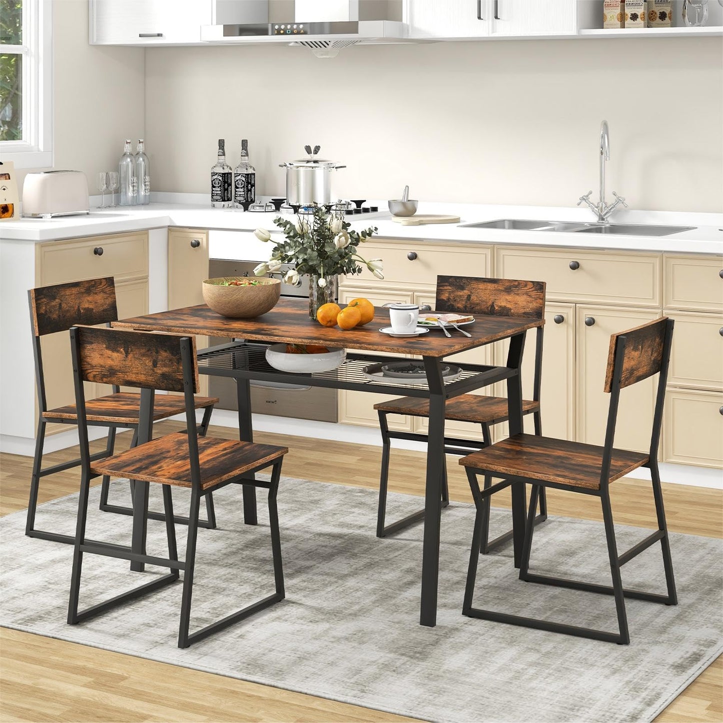 GiantexUK 5 PCS Dining Table Set, Industrial Table and Chairs Set with Storage Shelf and Reclining Seat Back