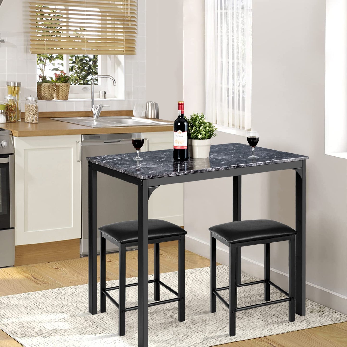 GiantexUK Dining Table Set, Kitchen Counter Table Bar Table and Stools Set with PU Leather Pad