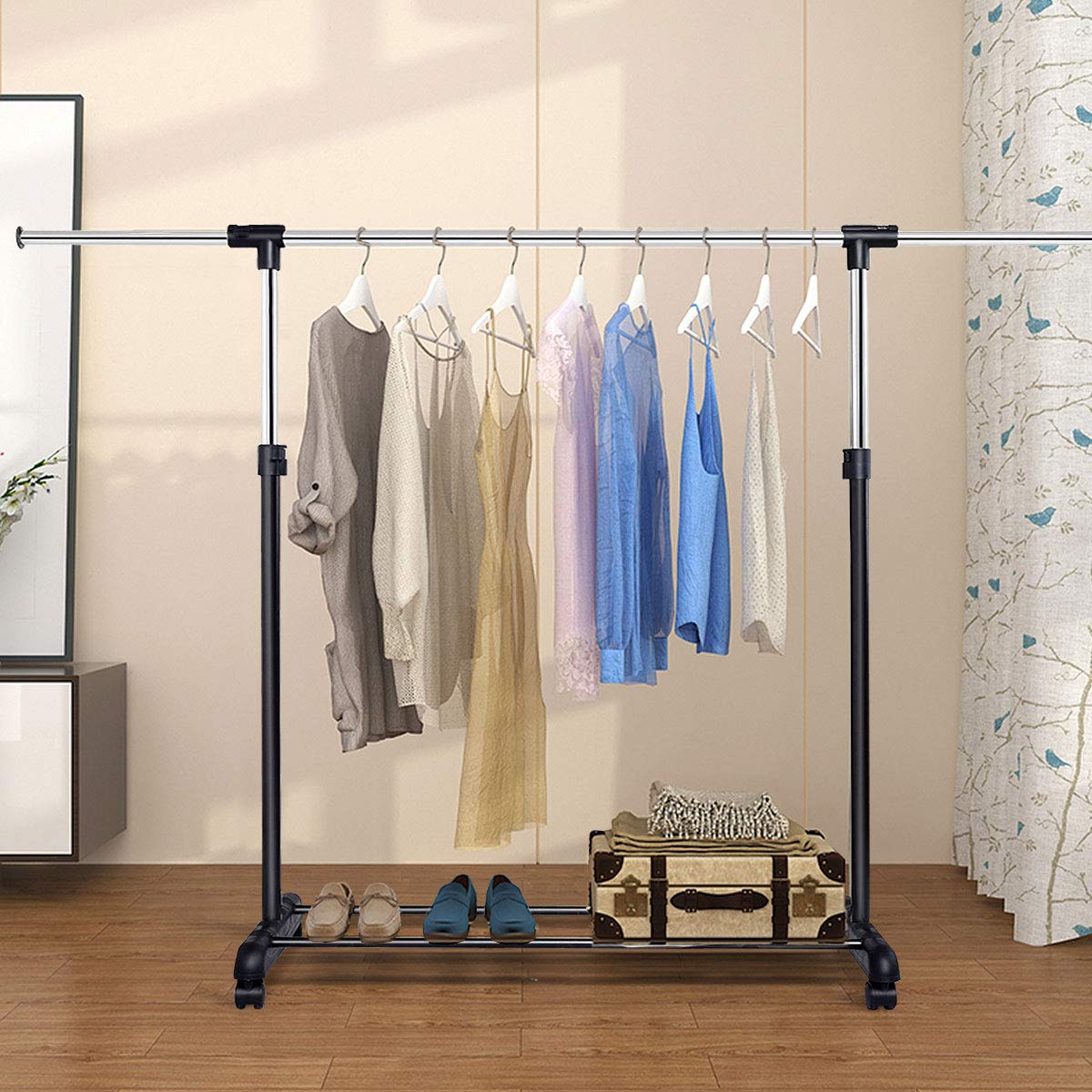 GiantexUK Single Clothes Rails, Adjustable Metal Garment Rack with Wheels and Storage Shelf