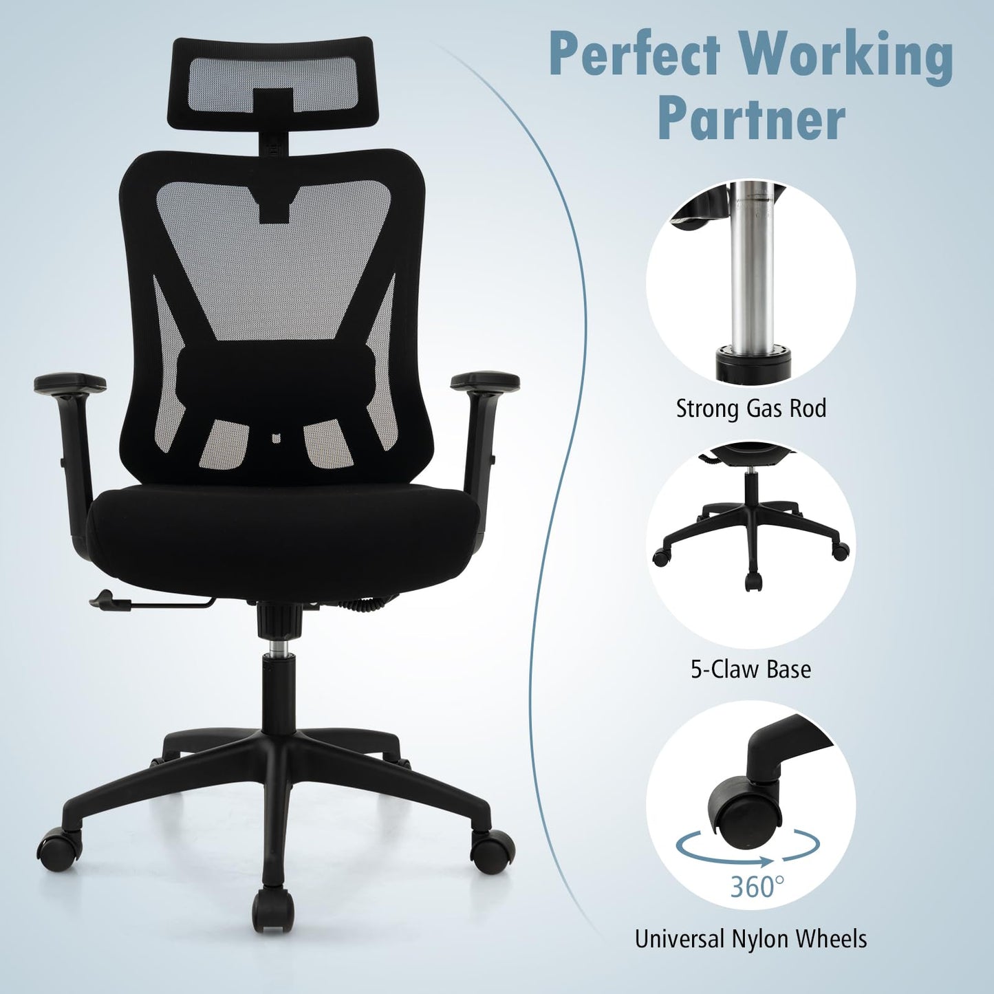 Mesh Office Chair, Ergonomic High Back Swivel Computer Desk Chair with Adjustable Lumbar Support (70 x 63 x 129 cm)