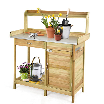 GiantexUK Wooden Potting Bench, Garden Planting Table with Cabinet