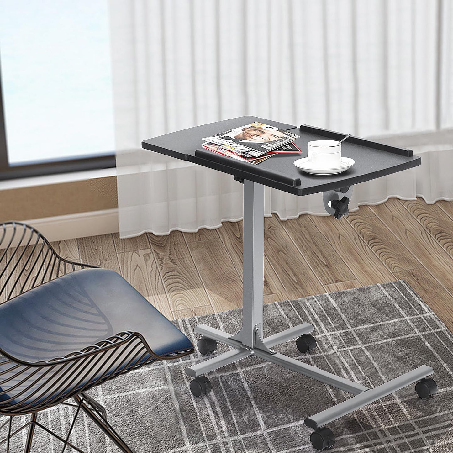 Mobile Laptop Table, Height Adjustable Overbed C-shaped Tray Table with Lockable Casters