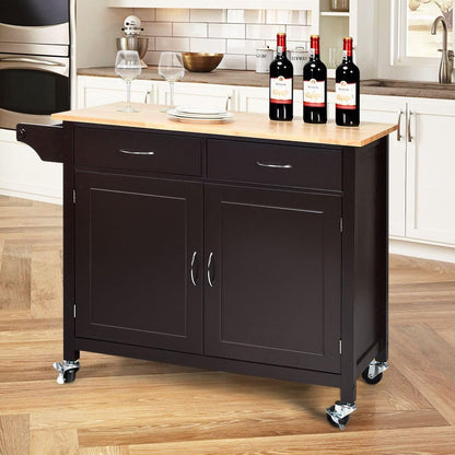 GiantexUK Kitchen Island Cart on Wheels, Mobile Storage Trolley with Rubber Wood Tabletop, Adjustable Shelf