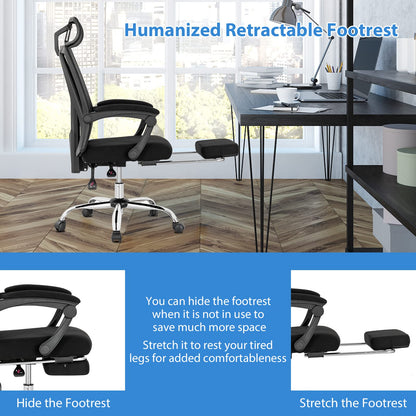 Mesh Office Chair, Ergonomic Swivel Computer Desk Chair with Retractable Footrest