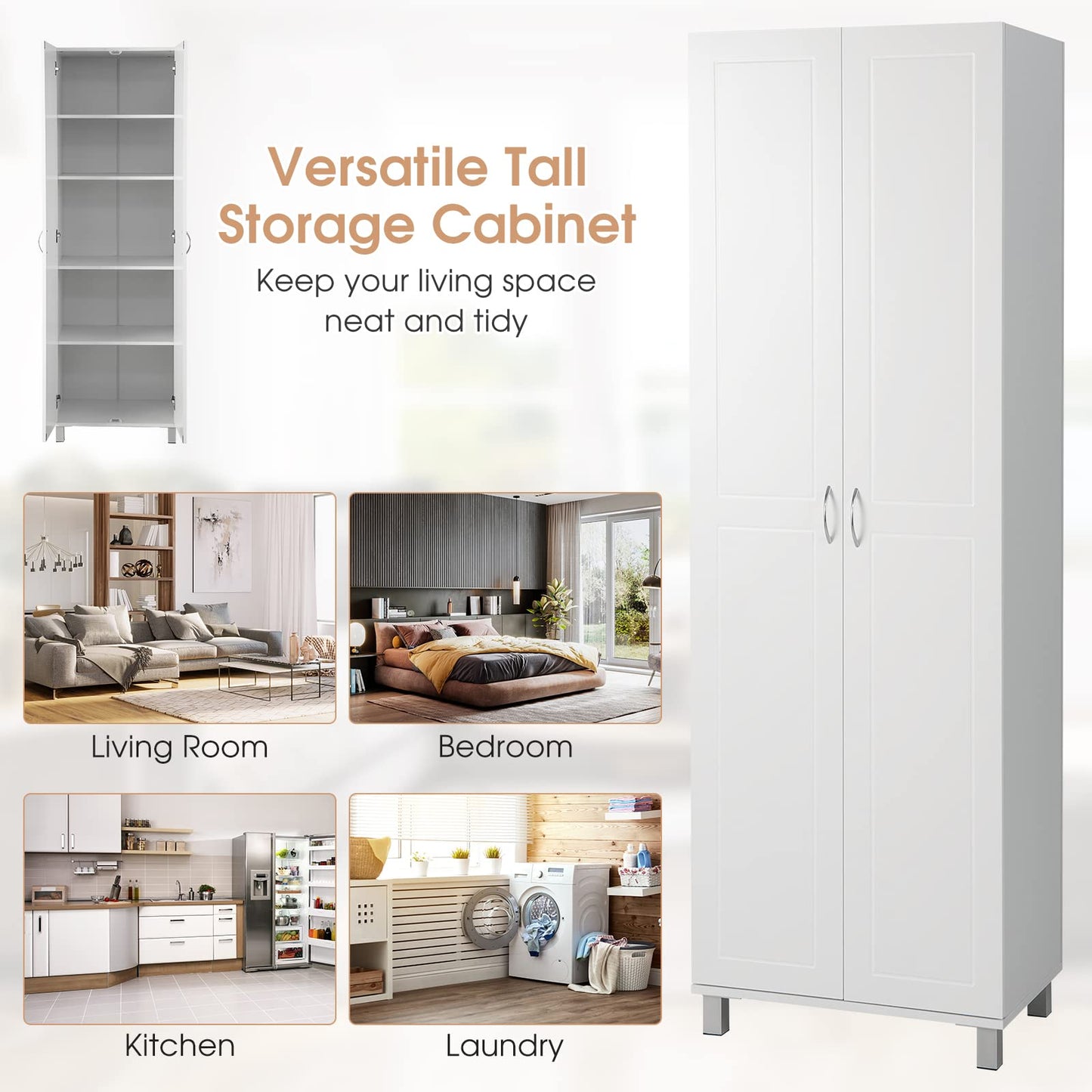 GiantexUK 187cm Tall Kitchen Cupboard, 2 Doors Freestanding Storage Cabinet with Adjustable Shelf & Raised Legs