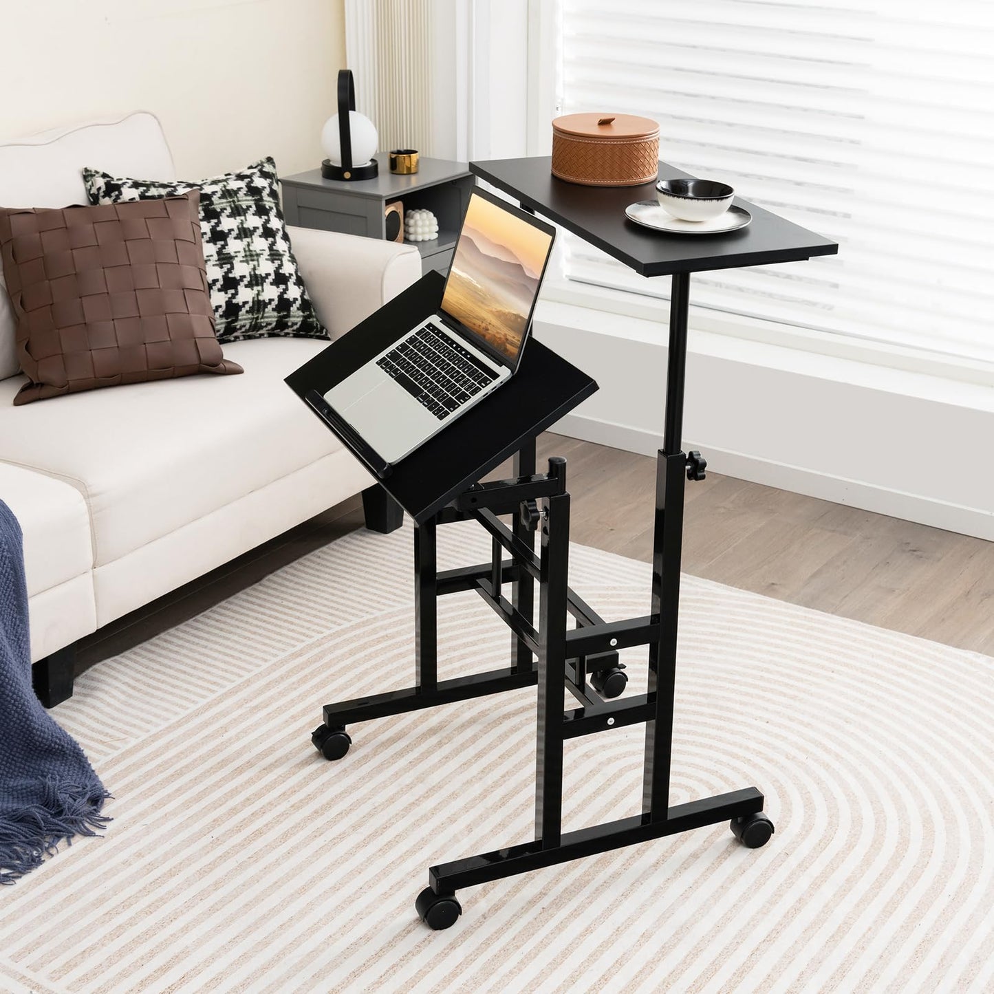 Height Adjustable Standing Desk, Mobile Laptop Table Computer Desk with Flip-over Desktop and Wheels