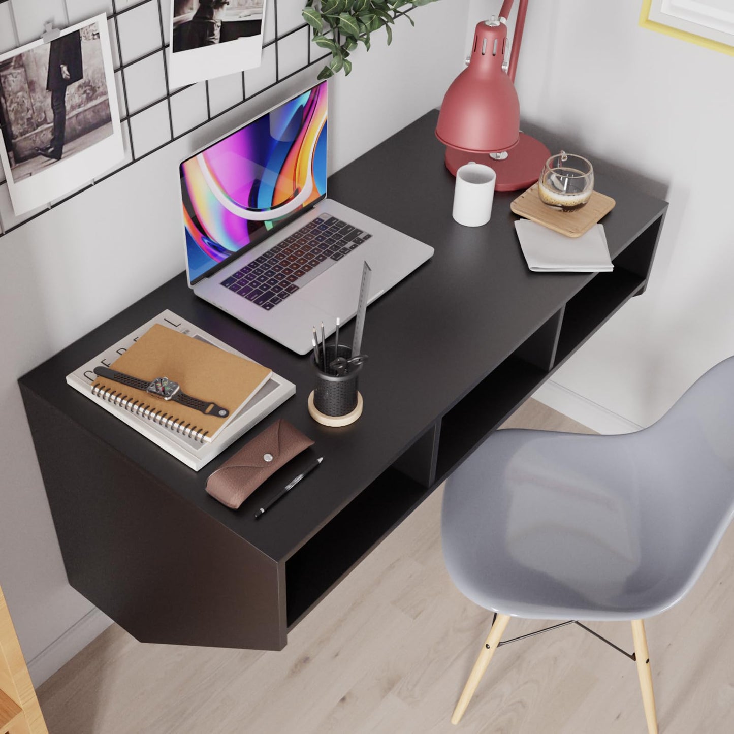 Wall Mounted Table, 108x52cm Floating Computer Desk with 3 Storage Compartments