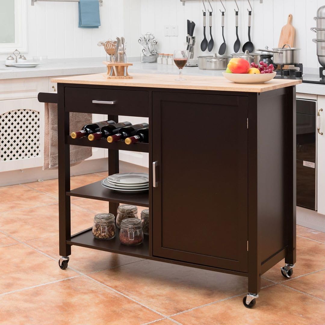 GiantexUK Kitchen Island Cart on Wheels, Mobile Storage Trolley with Oak Wood Countertop