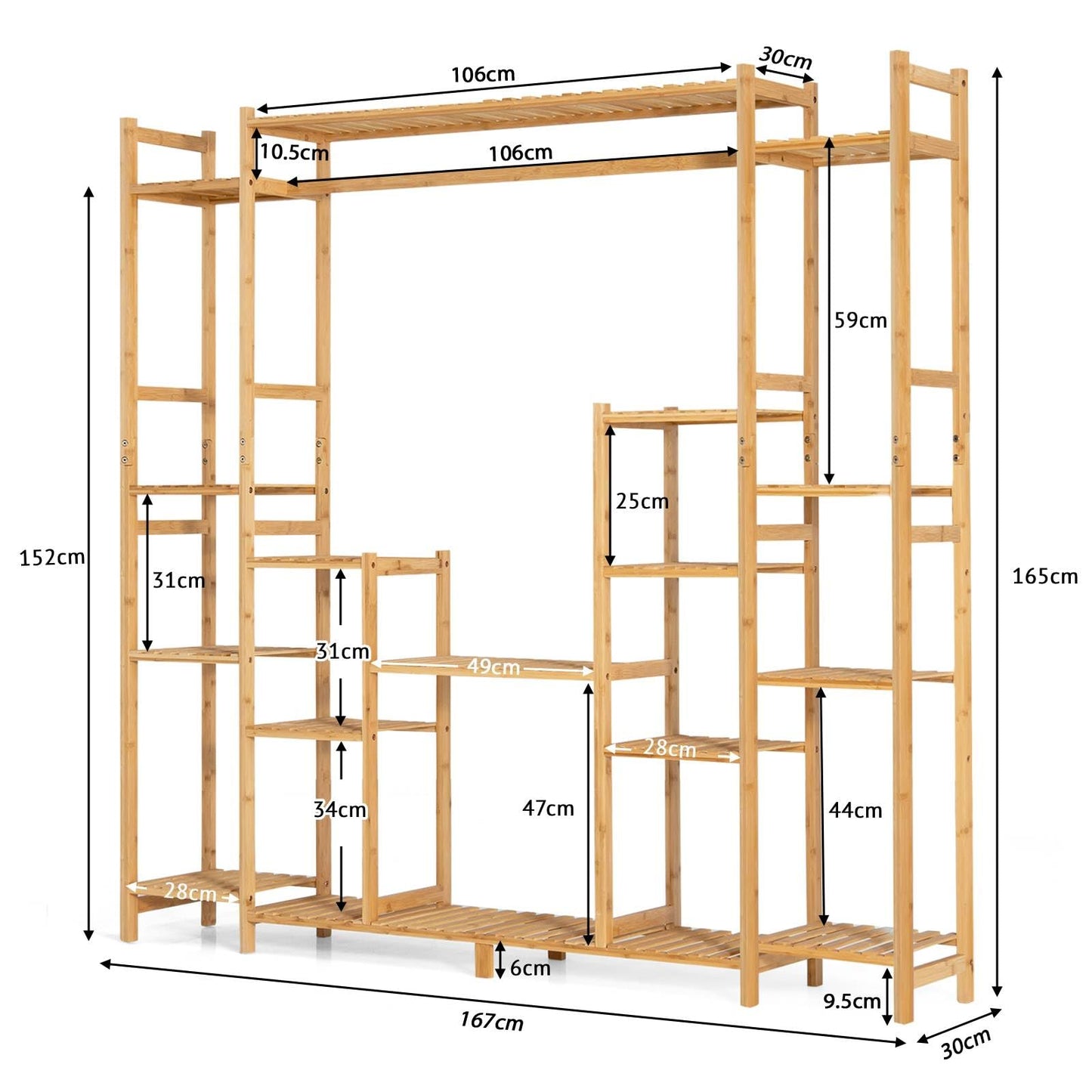 Bamboo Plant Stand, 9-Tier Flower Pots Rack with Hanging Rack, Slatted Shelves & Anti-Toppling Device