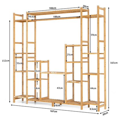 Bamboo Plant Stand, 9-Tier Flower Pots Rack with Hanging Rack, Slatted Shelves & Anti-Toppling Device