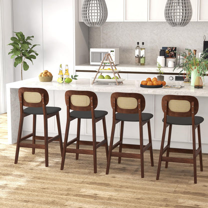 GiantexUK Bar Stools Set of 2, PU Leather Kitchen Barstools with PE Rattan Backrest, Footrests & Non-Slip Foot Pads