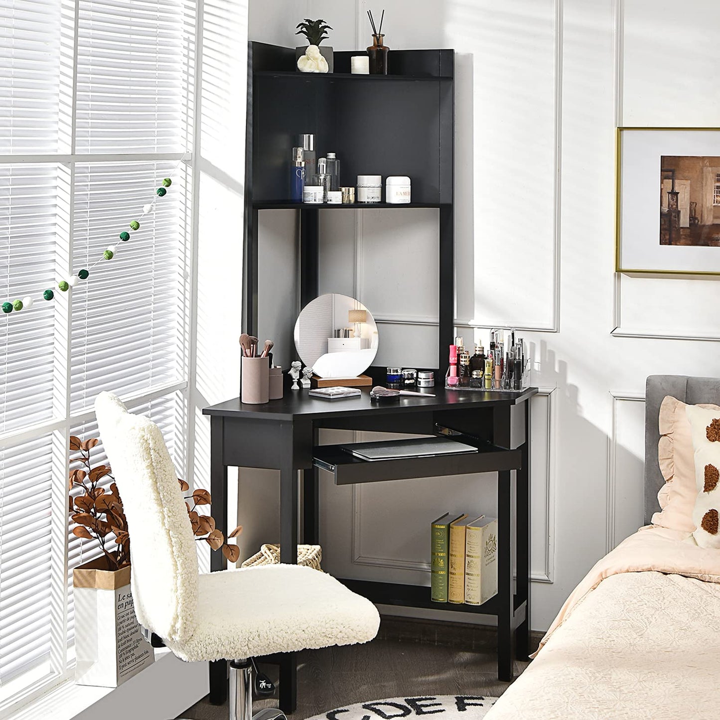 Corner Computer Desk with Top Bookshelf, Keyboard Tray and Storage Shelves, Space Saving Triangle PC Laptop Table