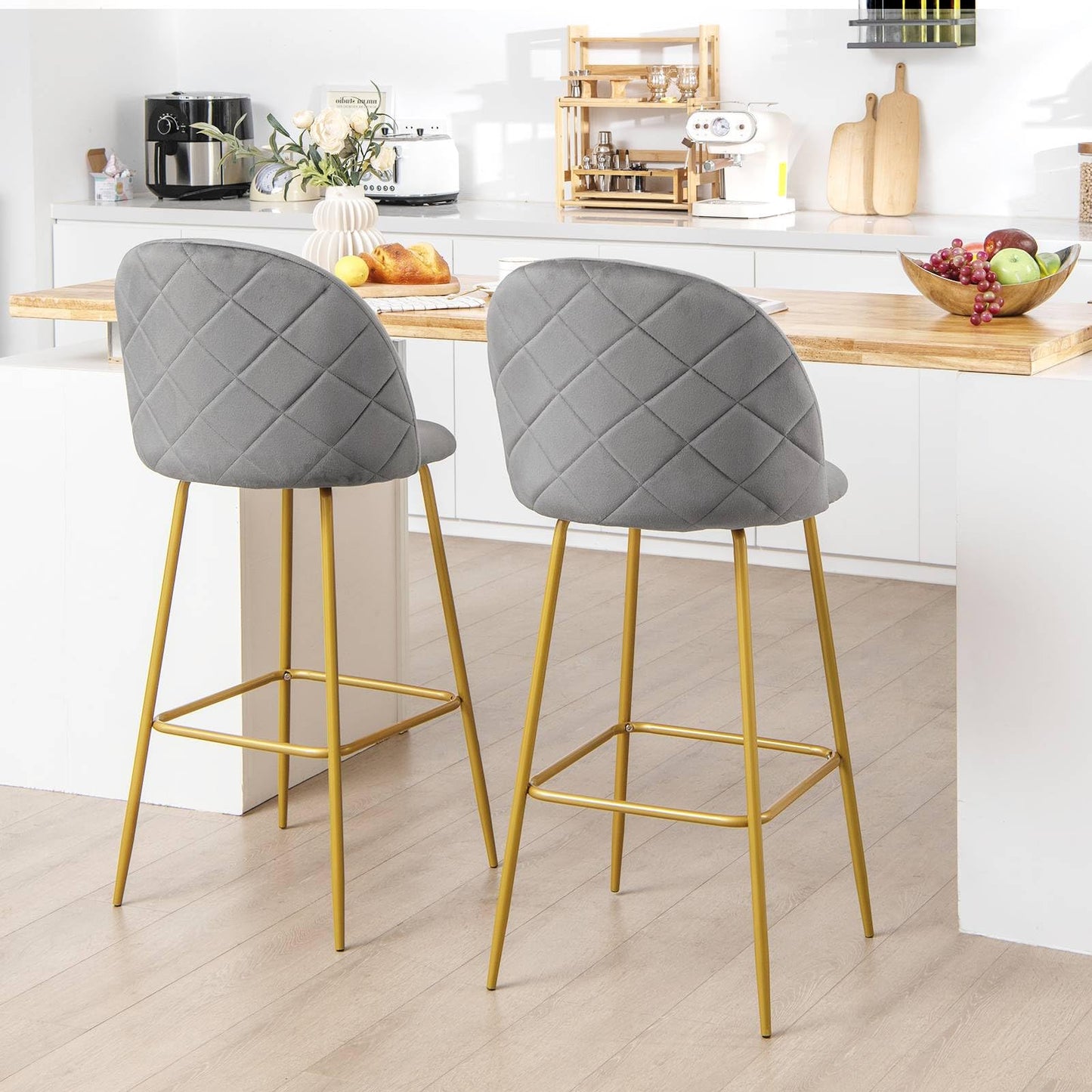 GiantexUK Bar Stools Set of 2/4, 74cm Seat Velvet Upholstered Kitchen Barstools with Curved Backrest & Footrest