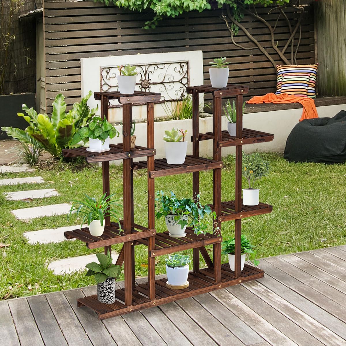 6 Tiers Wood Plant Stand, Multi Tier Flower Pot Holder with Wheels, Potted Plants Display Ladder, 125 x 25 x 114cm