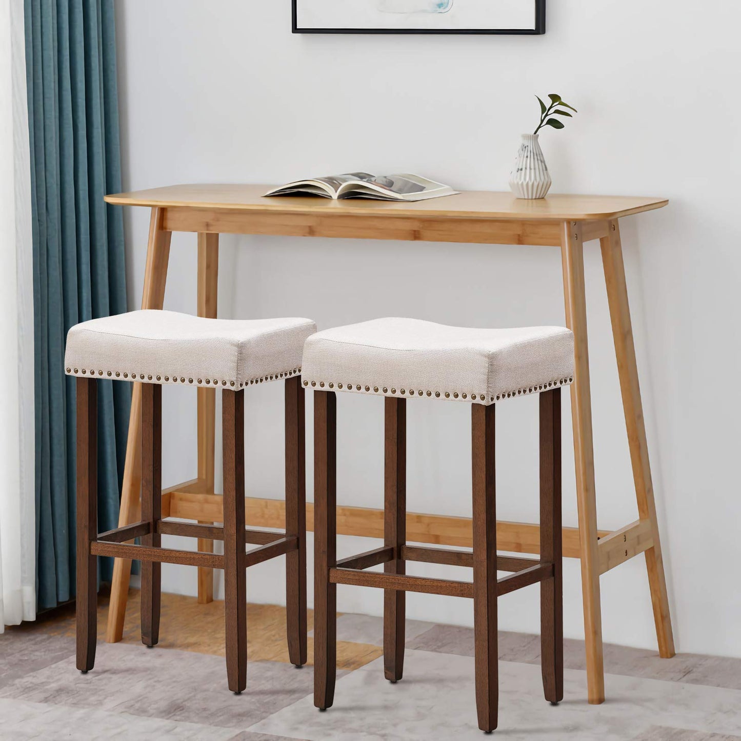 GiantexUK Bar Stool, 2 Pieces Wooden Frame Backless Bar Chairs with Footrest, 43 x 33 x 75cm