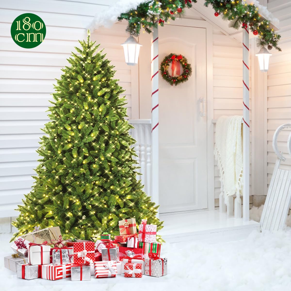 6FT Pre-lit Christmas Tree, Artificial Green Xmas Trees with 8 Lighting Modes