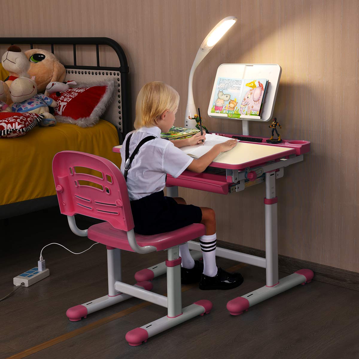 Kids Study Desk and Chair Set, Adjustable Children's Table with Eye-protection Lamp, Bookstand