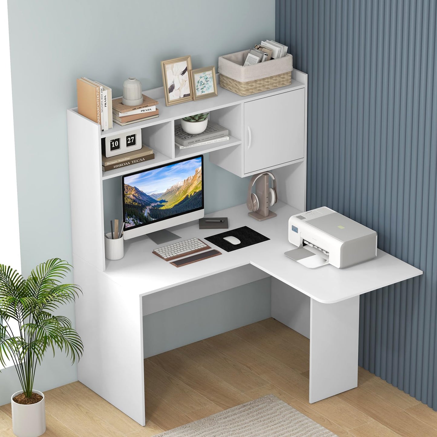 L-Shaped Computer Desk, Corner Writing Workstation PC Laptop Table with Hutch