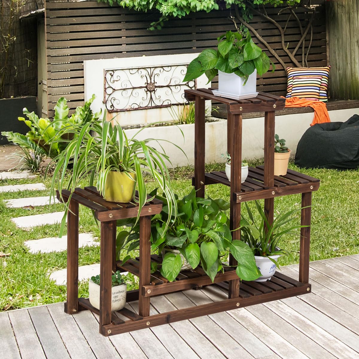 6 Tiers Plant Stand, Solid Wood Flower Pot Holder Bonsai Display Storage Shelves (95 x 25 x 73cm, 6-Tier)