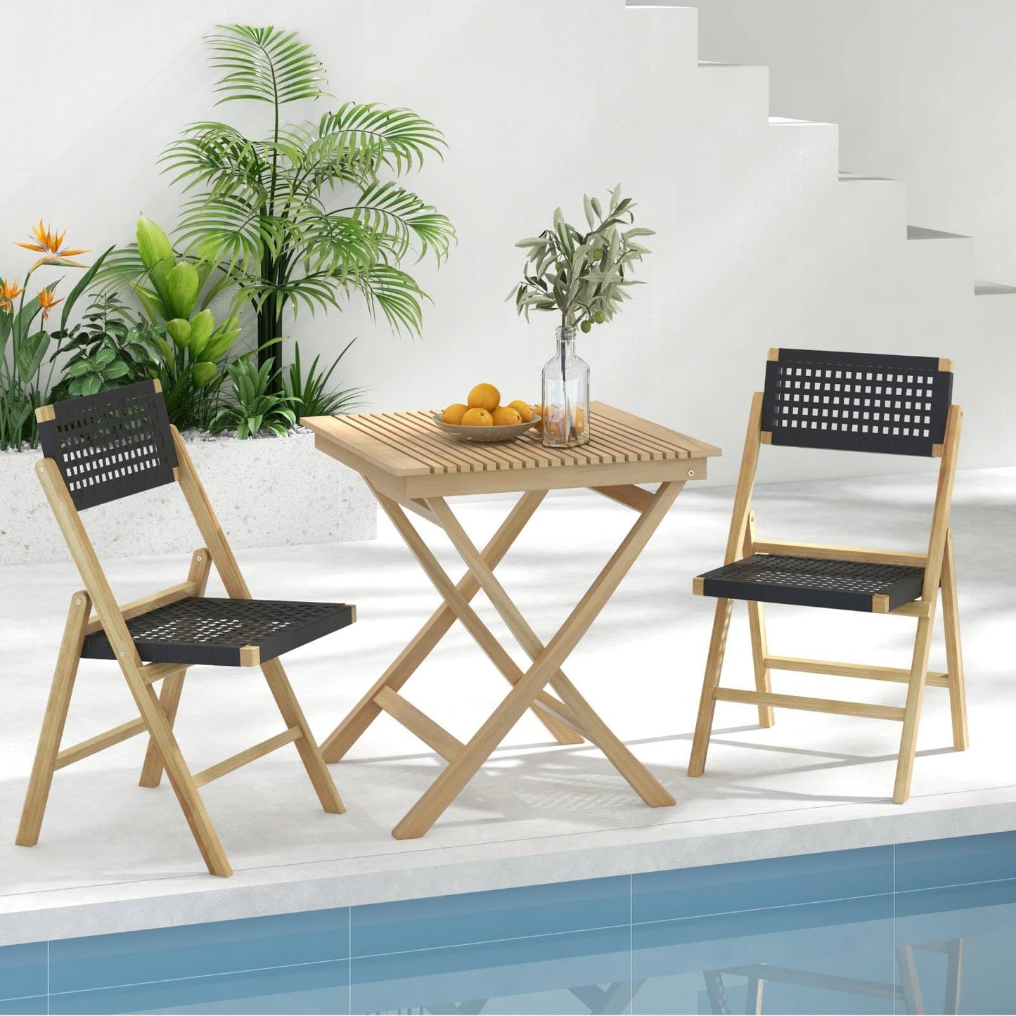 GiantexUK Patio Chairs Set of 2, Folding Teak Wood Garden Dining Chairs with Woven Rope Back & Seat (Triangle Structure, 49 x 59 x 87cm)