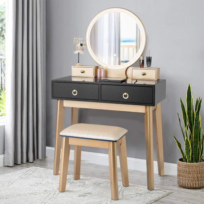 Dressing Table Set with LED Lights and Mirror, Detachable Makeup Dresser Table Stool (Black)