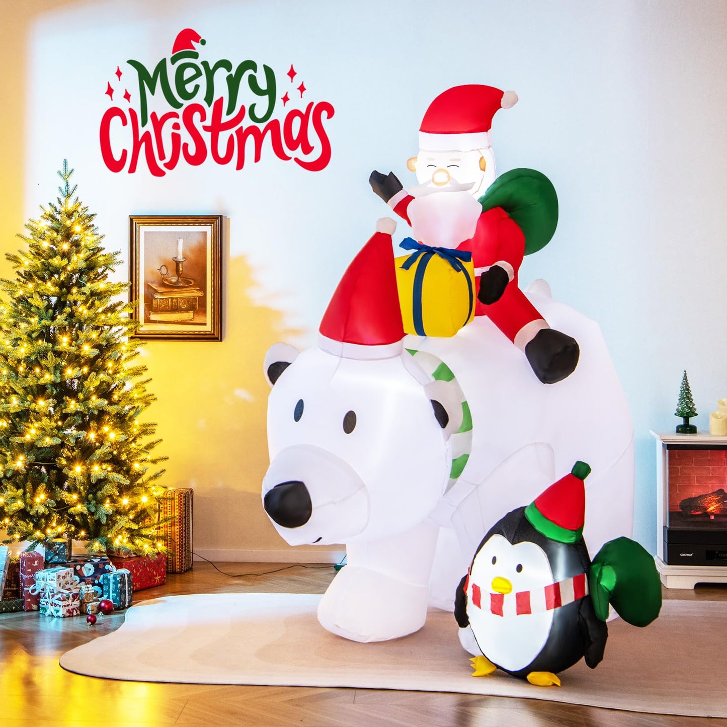 Inflatable Christmas Santa Claus, Self Inflating Xmas Decoration with LED Lights and Blower (White Polar Bear & Penguin)