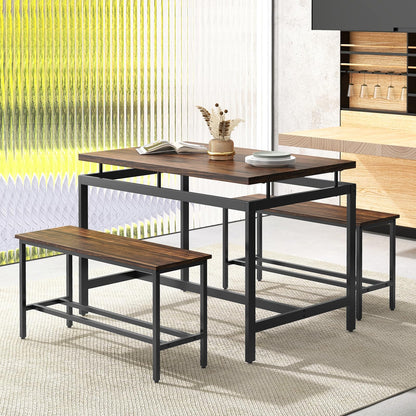 Dining Table with 2 Benches, 3 Piece Kitchen Table and Benches Set with Adjustable Foot Pads