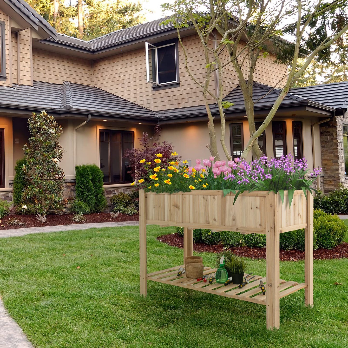 GiantexUK Raised Garden Bed, Elevated Wooden Planter Box with Storage Shelf (No Wheels, 120x58x89cm)