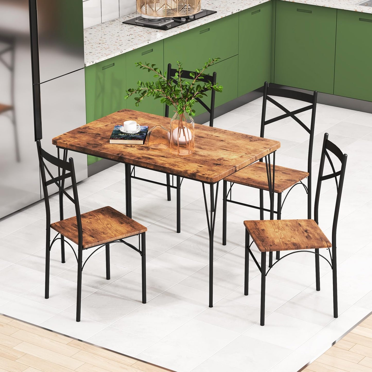 Dining Table and Chairs Set 4, Wood Effect Rectangular Kitchen Table and 4 Chairs with Wide Back