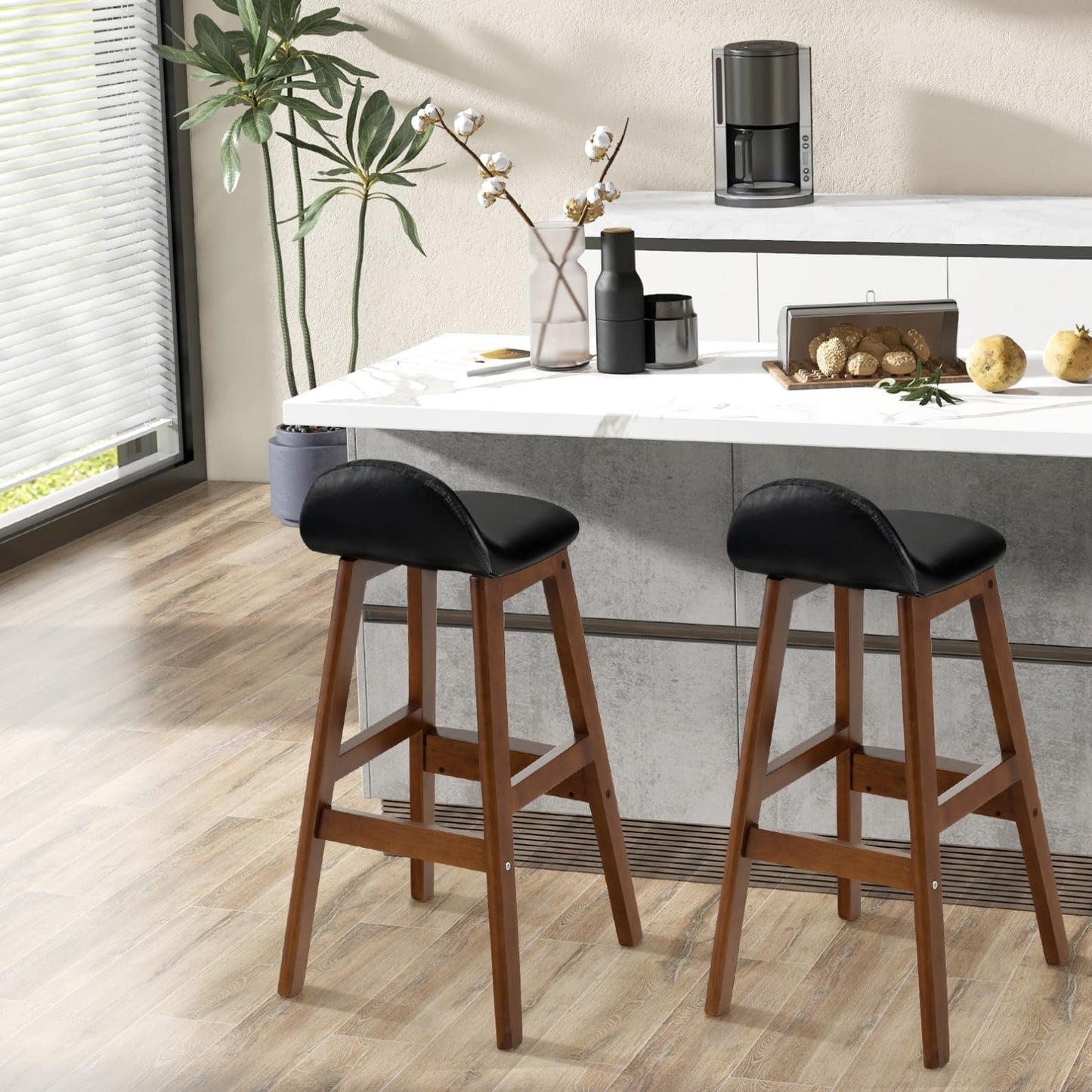 GiantexUK Set of 2 Bar Stools, PU Leather Stool Set with Padded Back, Rubber Wood Legs & Footrest