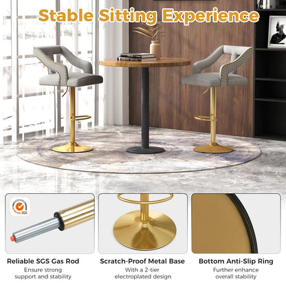 Bar Stools Set of 2, Height Adjustable Swivel Counter Stools Dining Chair with Swivel Gas Lift, Gray + Gold