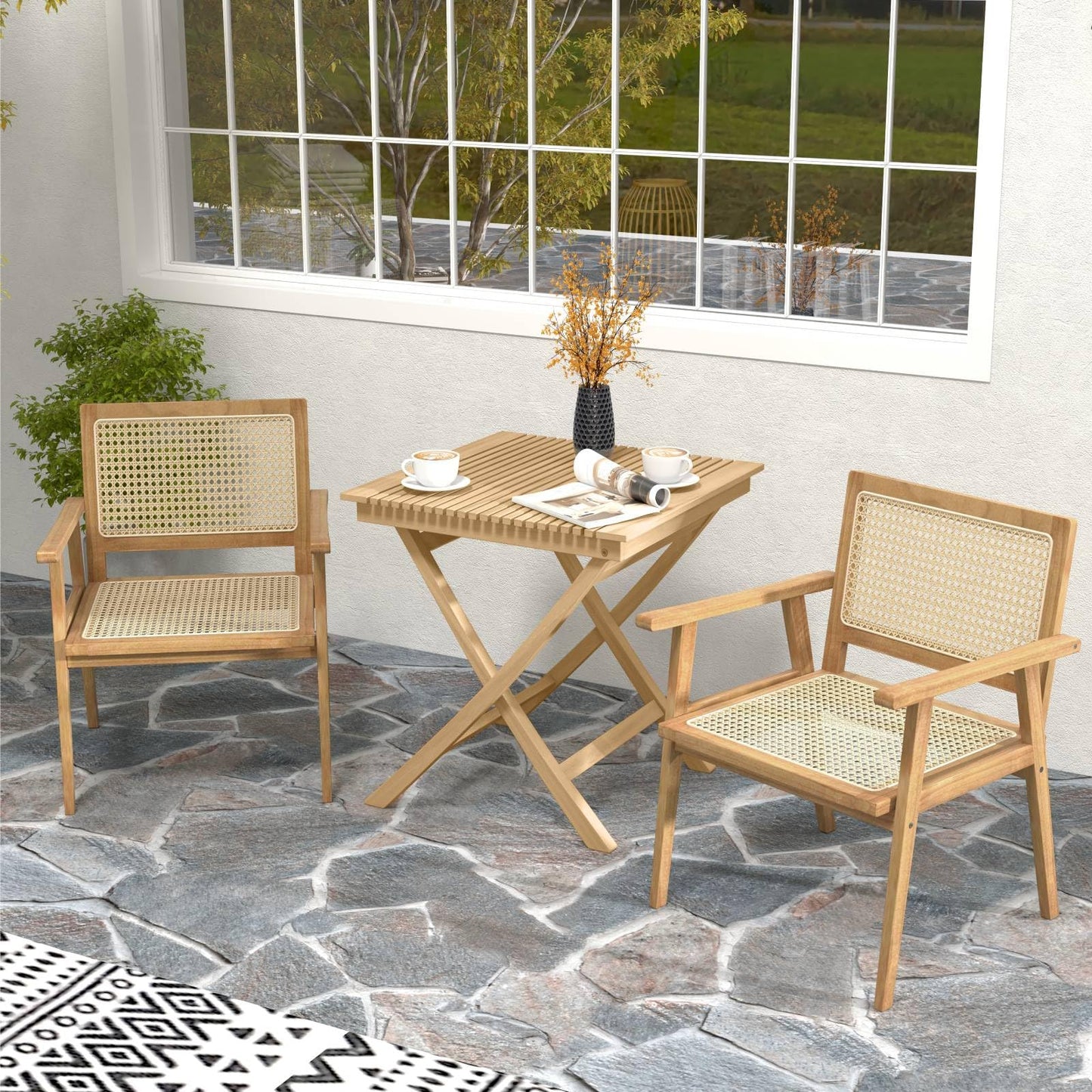 GiantexUK Bistro Set, Folding Teak Wood Table and Chairs with Rattan Back, Armrests & Slatted Tabletop