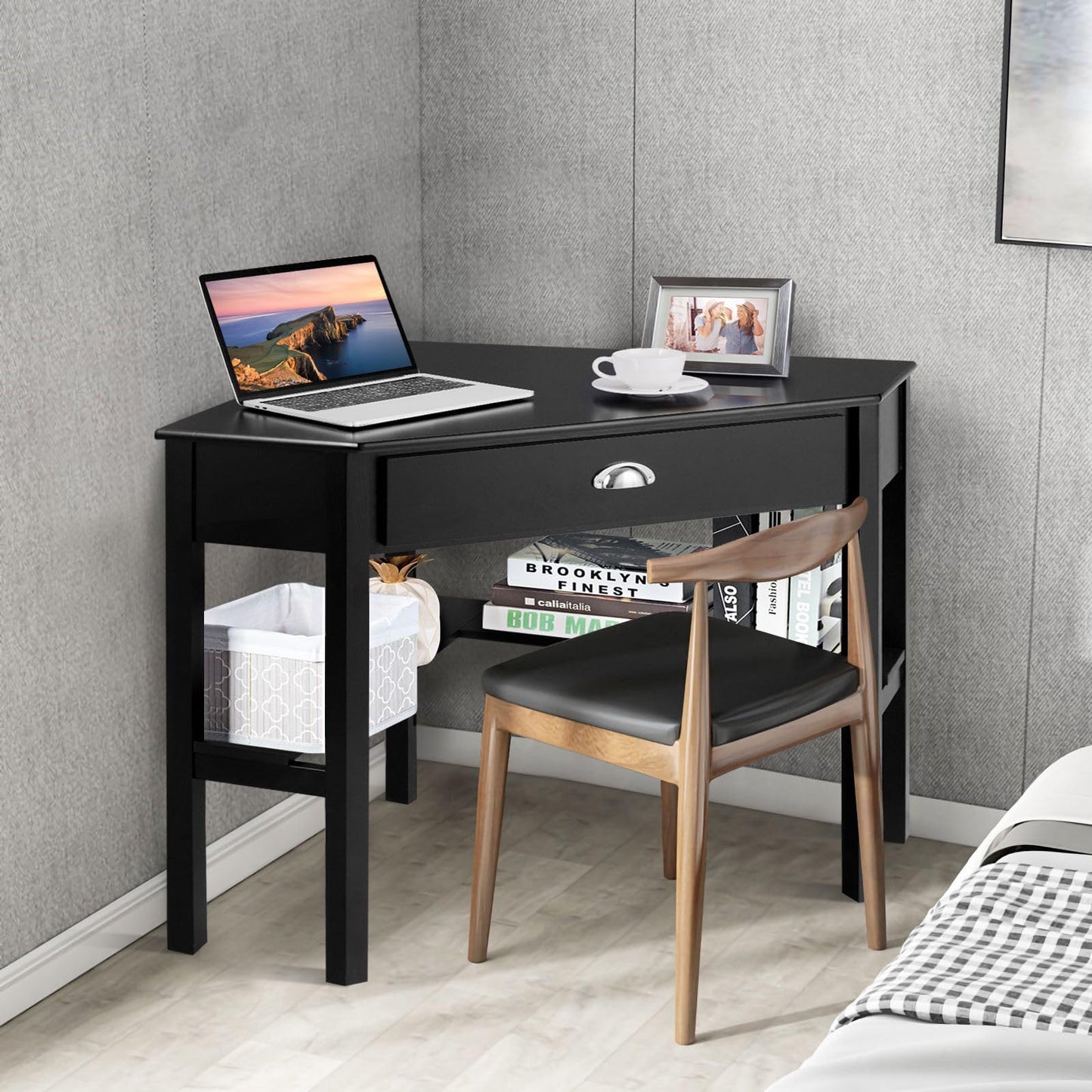 Corner Desk, Triangular Computer Desk Workstation with Open Shelf & Drawer