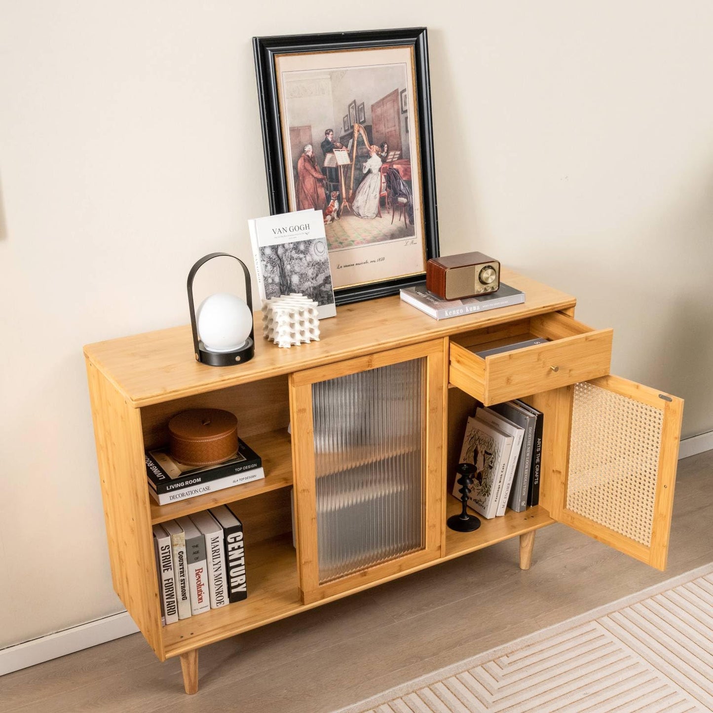 GiantexUK Buffet Storage Cabinet, Bamboo Kitchen Sideboard with 2 Tampered Glass Sliding Doors