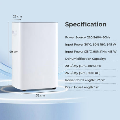 24L/Day Dehumidifier, Electric Compressor Dehumidifiers with Continuous Drainage