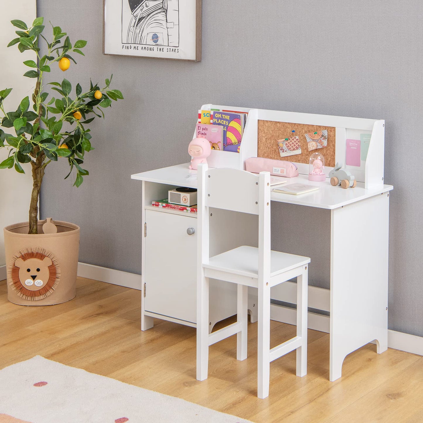 Kids Desk and Chair Set, Wooden Children Study Table with Storage Cabinet, Cork Board