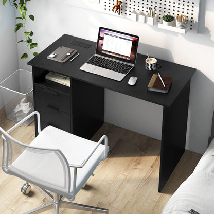 Computer Desk, Wooden Study Table Writing Workstation with Power Outlet, USB Ports, 3 Storage Drawers and Open Compartment