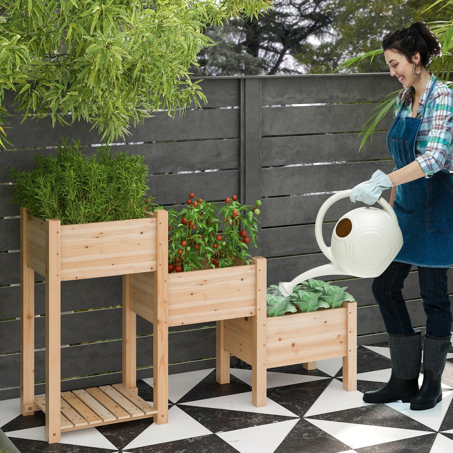 GiantexUK Wooden Raised Garden Bed, 3 Tier Vertical Ladder Garden Planter with Slatted Shelf & Drainage Holes