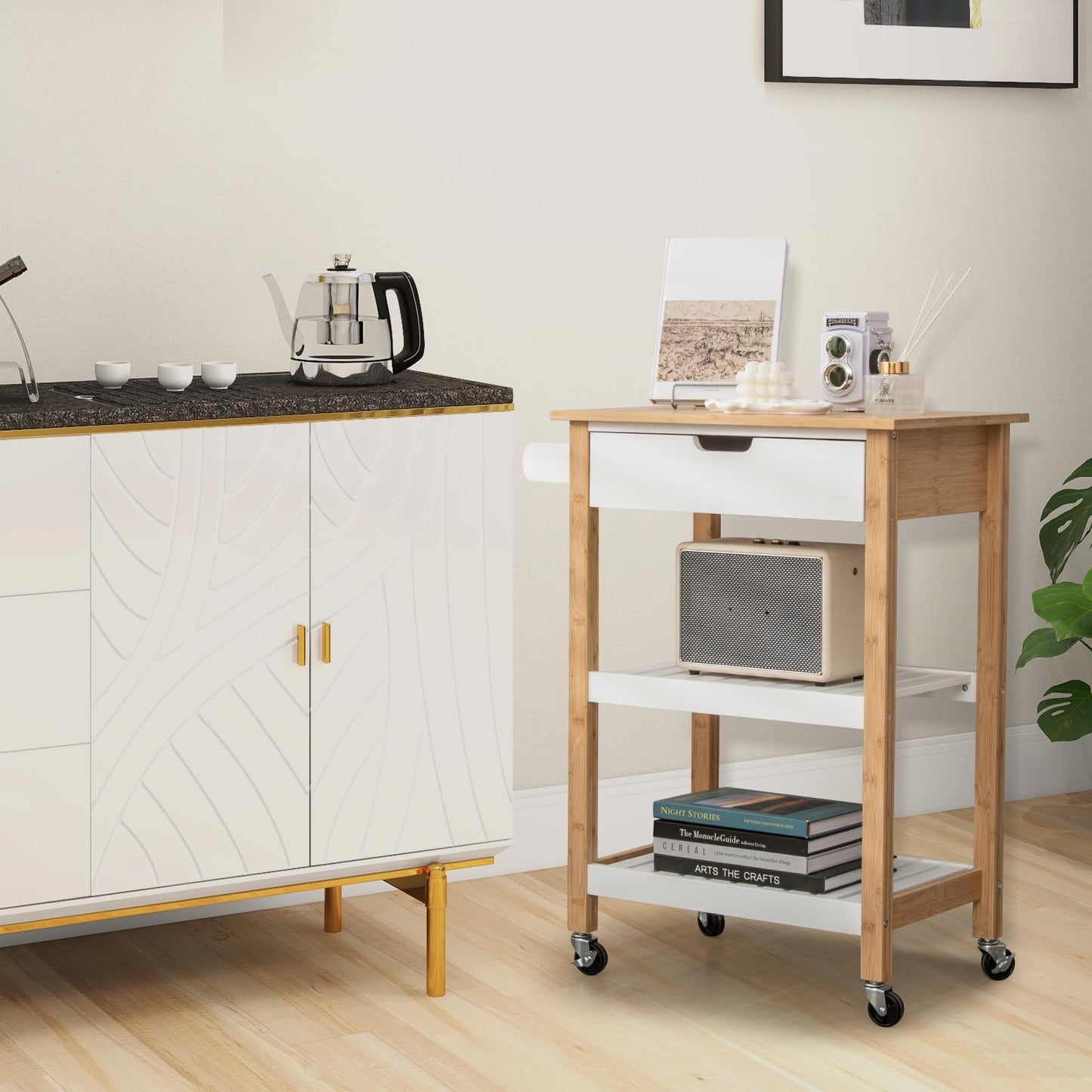 GiantexUK Kitchen Storage Trolley on Wheels, Serving Cart with Bamboo Worktop, Drawer, Storage Shelves