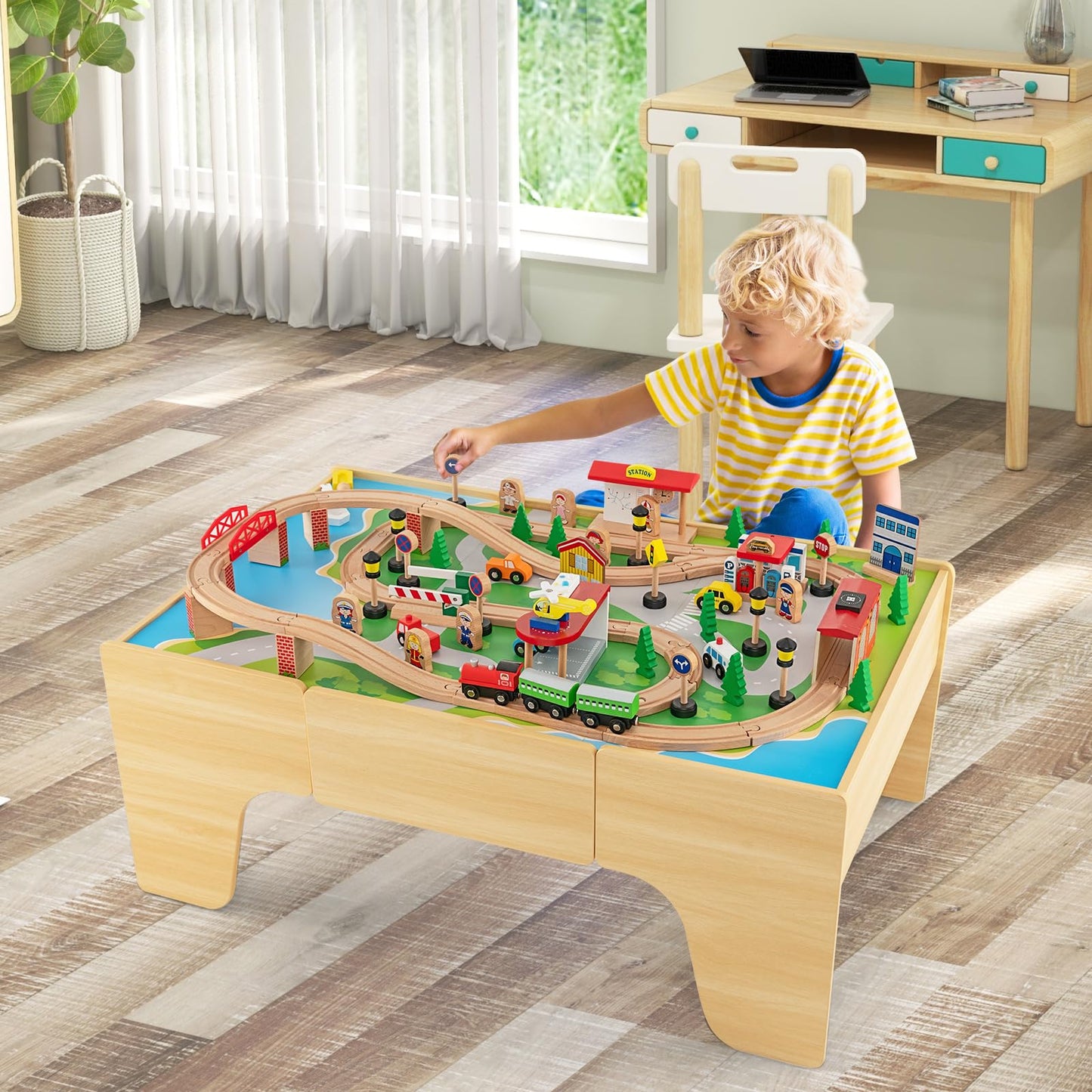 Train Track Set and Table, Wood Kids Play Tables with Drawer, 84Pcs Accessories, DIY Railway Activity Playset for Boys Girls