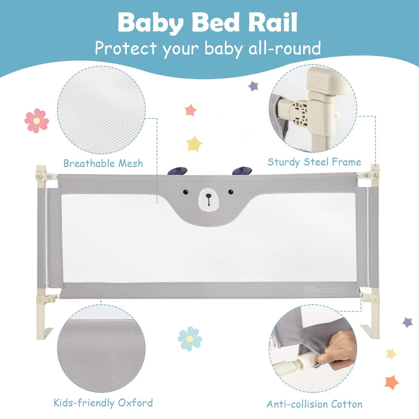 Bed Rail, Vertical Lifting Baby Beds Guard with Double Safety Lock & Adjustable Height (175cm, Grey)