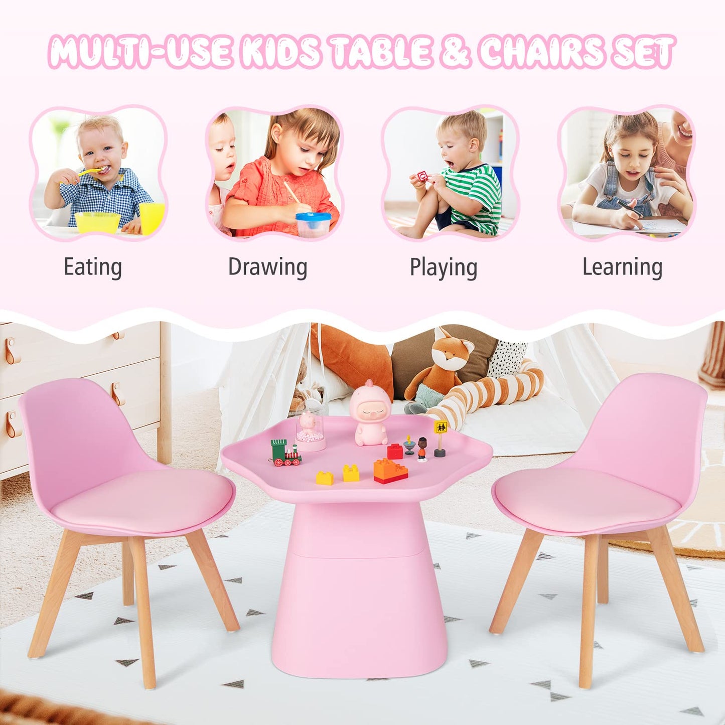 Kids Table and Chairs Set, Children Activity Table with Padded Seat Chairs, Beech Legs