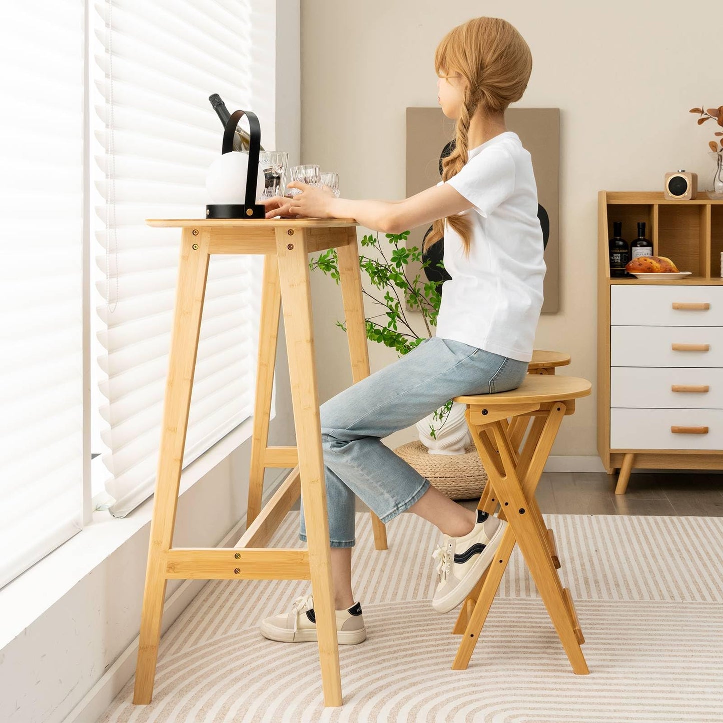 GiantexUK Folding Bar Stools Set of 2, Bamboo Kitchen Stools with Footrest (without Backrest, 36 x 33 x 61cm)