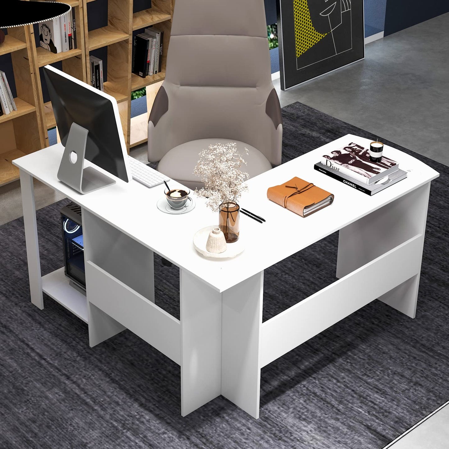 L-Shaped Computer Desk, Modern Large Corner Desk Writing Study Table with Storage Shelves and Cable Holes