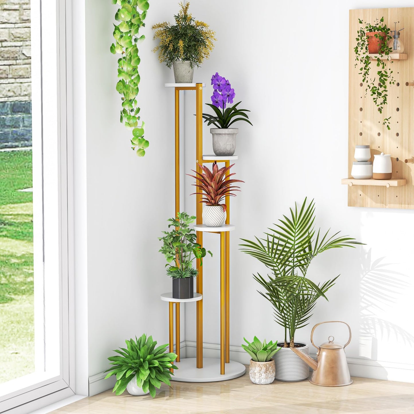 Tall Plant Stand, 5 Tiers Flower Rack with Foot Pads, Metal Display Pot Shelf Holder for Balcony Living Room Yard