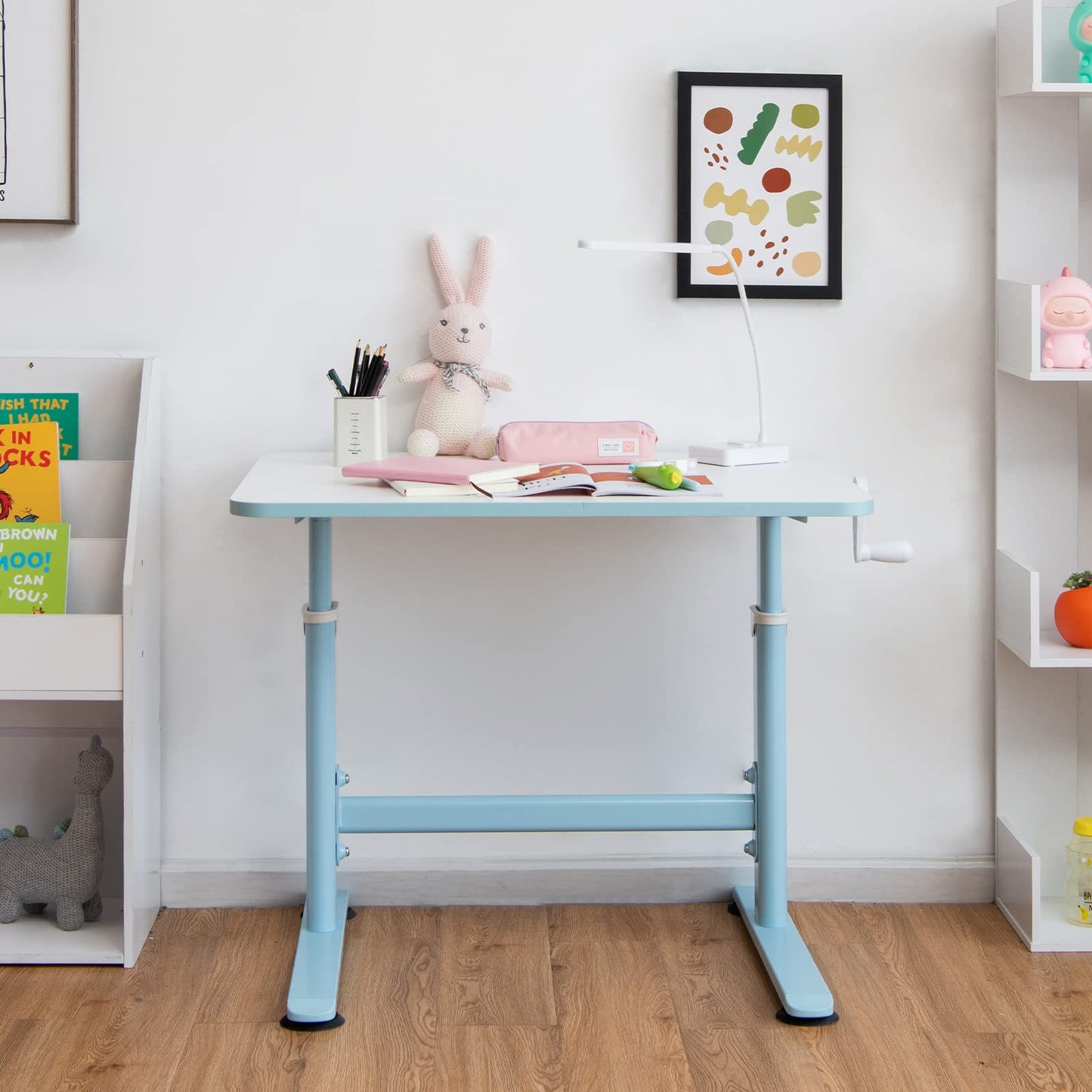 Kids Desk, Height Adjustable Children Study Table with Hand Crank System and Ample Tabletop