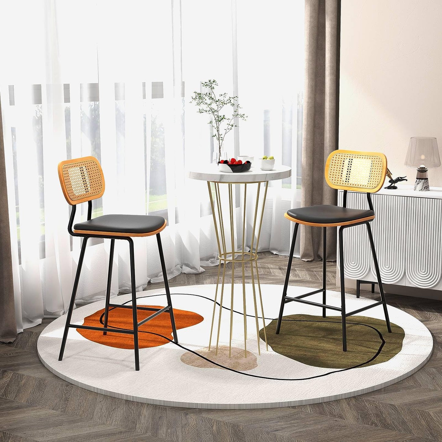 GiantexUK Bar Stools Set of 2, PU Leather Upholstered Barstools with Rattan Backrest, for Kitchen Dining Living Room Office