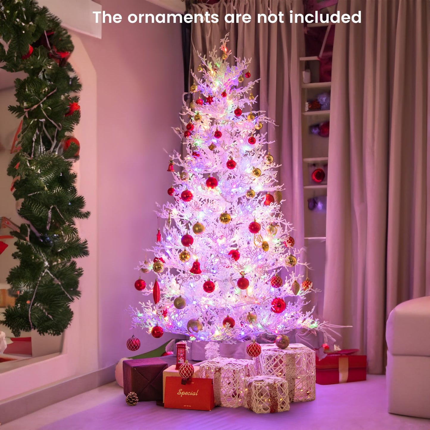 6FT Pre-lit Christmas Tree, Hinged Artificial Xmas Tree with 383 Snow Flocked Branch Tips