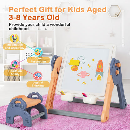 Kids Art Easel, 6 in 1 Toddler Activity Table and Chair Set with Storage, Double-Sided Tabletop, 100+ Building Blocks